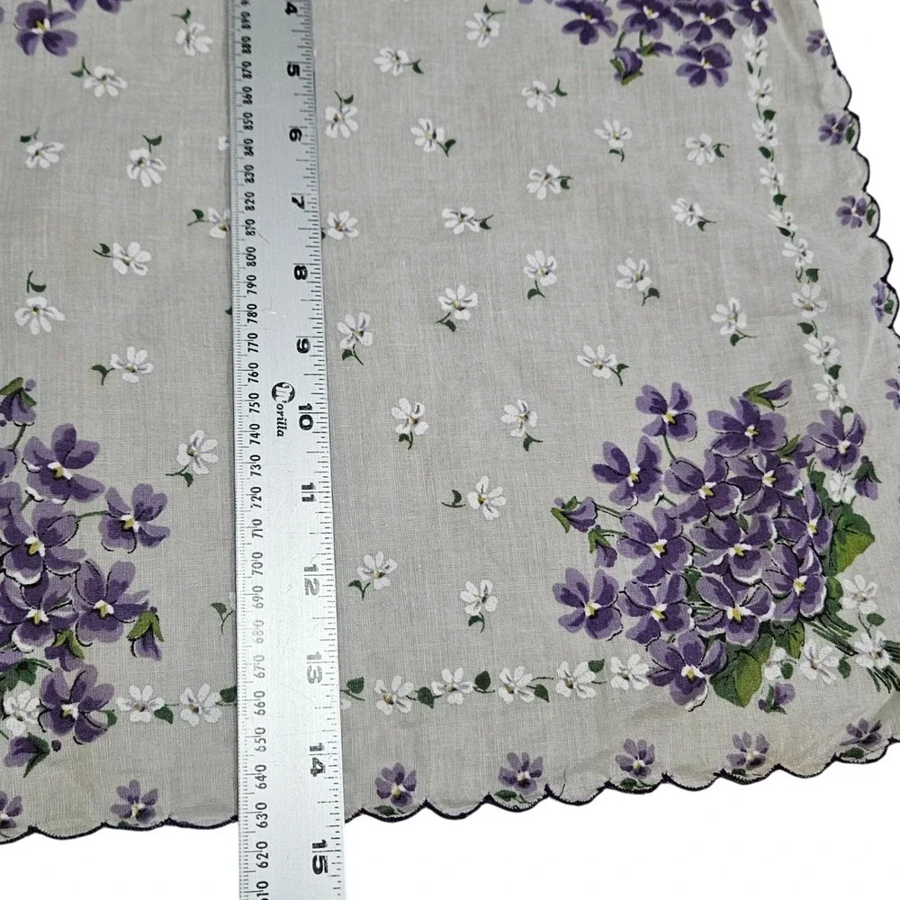 Vintage‎ Floral Handkerchief Purple Violets White Flowers Scalloped Edge Sheer
